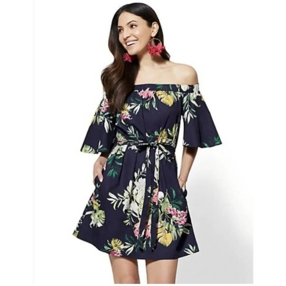 New Navy Floral Off the shoulder Trapeze Shift Mini Summer dress M - Picture 1 of 7